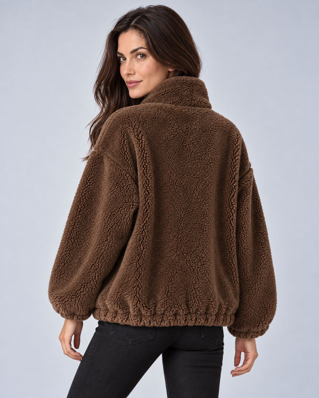 Women's plush fleece stand-collar zip jacket in dark brown, rear, on studio model