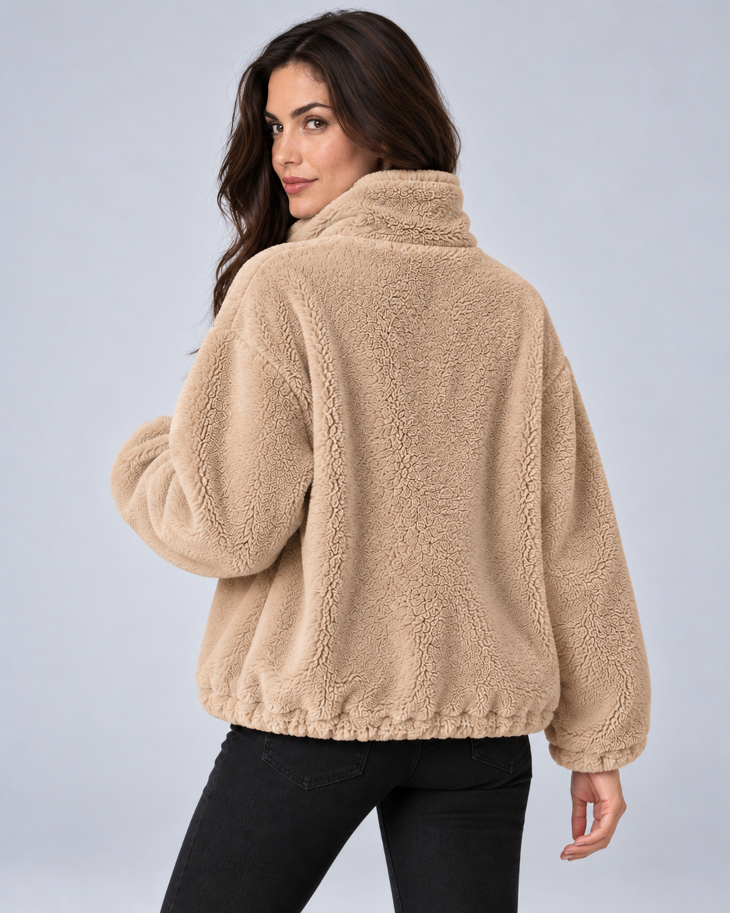Women's plush fleece stand-collar zip jacket in khaki, rear, on studio model