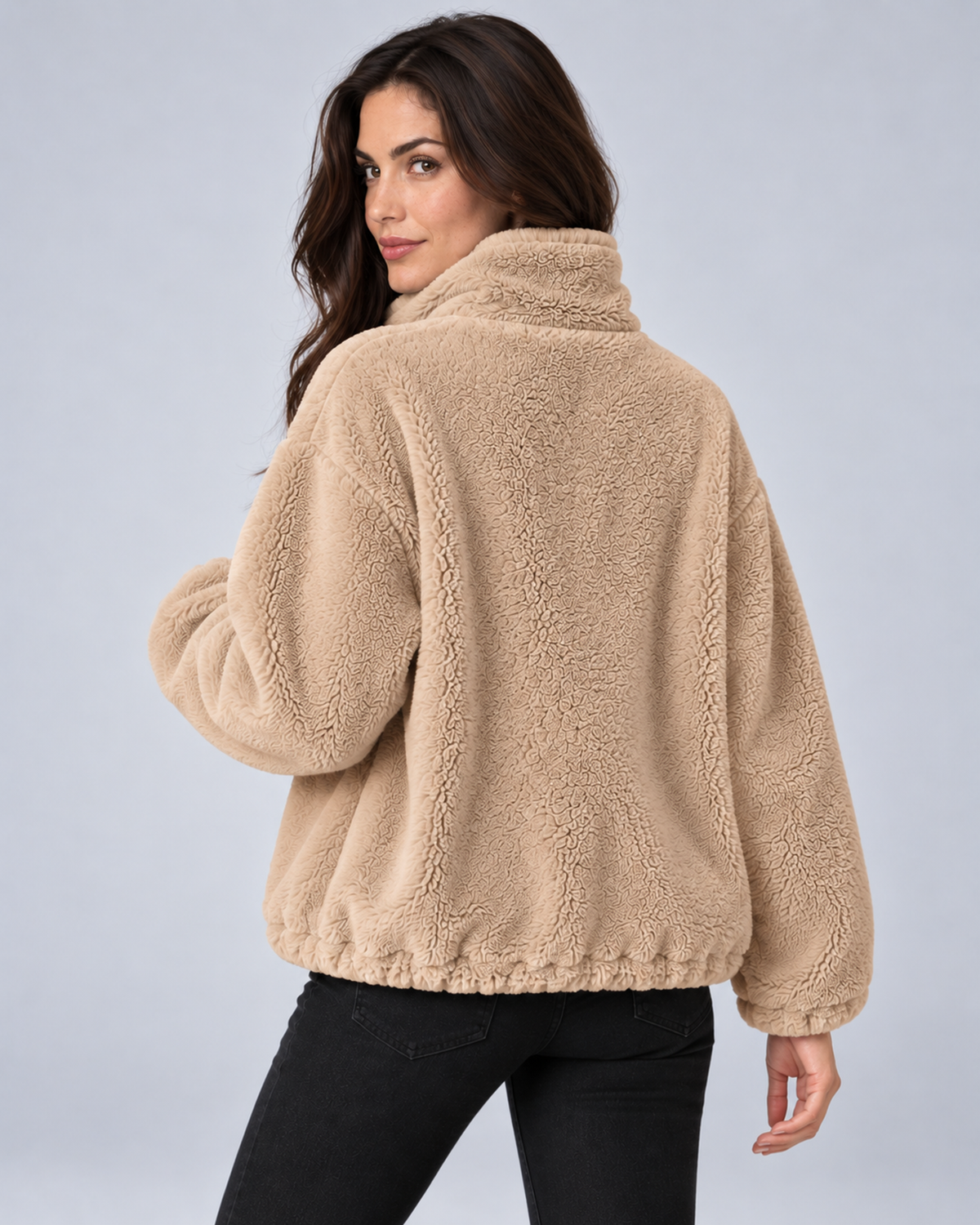 Women's plush fleece stand-collar zip jacket in khaki, rear, on studio model