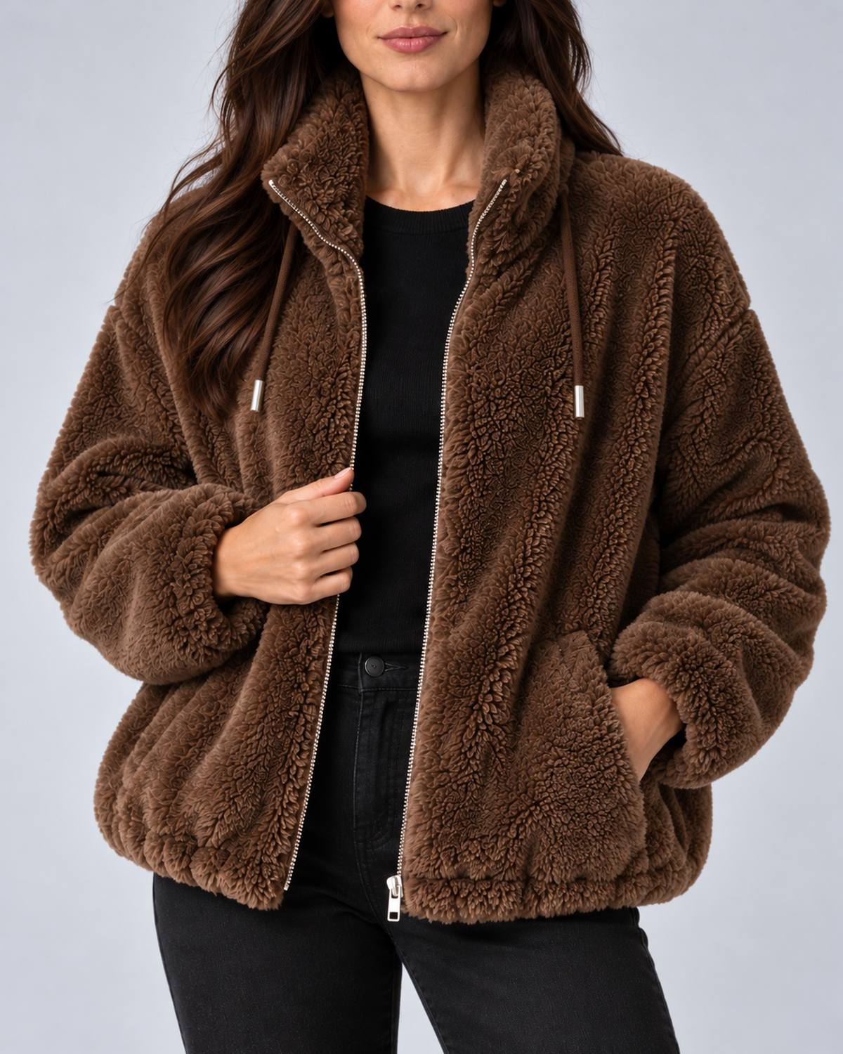 Women's plush fleece stand-collar zip jacket in dark brown, pocket cuff and pile detail, on studio model