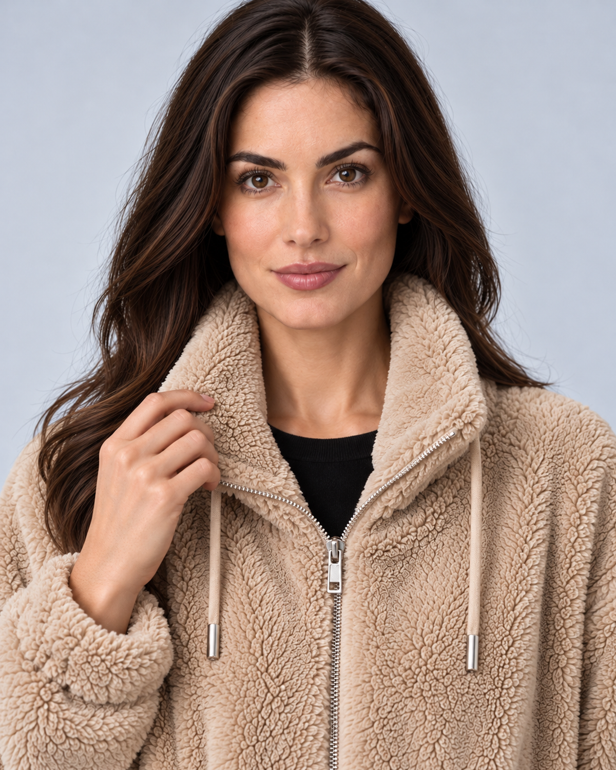 Women's plush fleece stand-collar zip jacket in khaki, collar zipper and drawcord detail, on studio model
