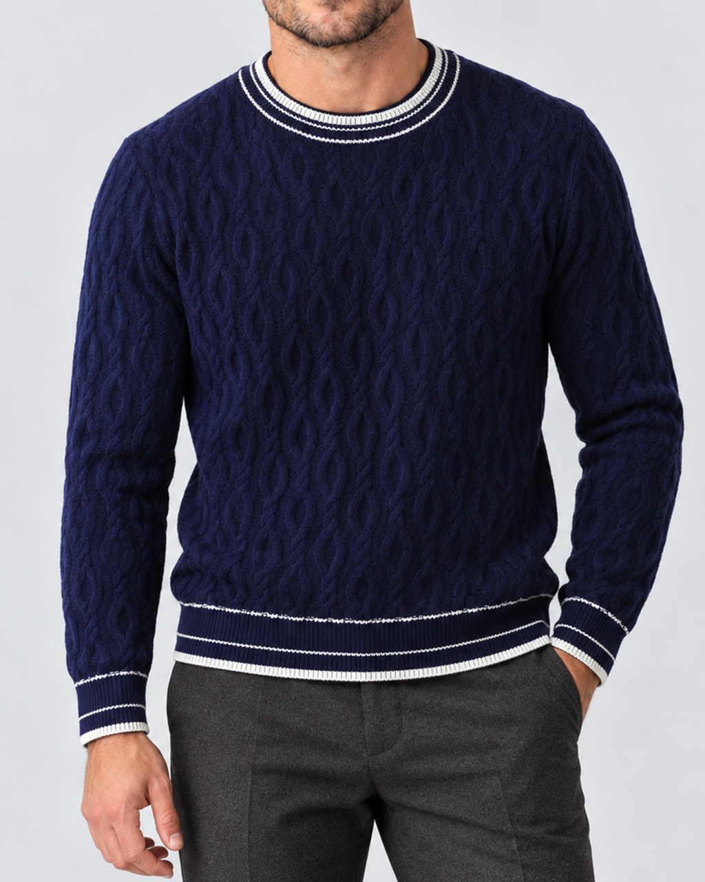 Avery & Mercer men's cashmere cable knit sweater, navy detail studio view