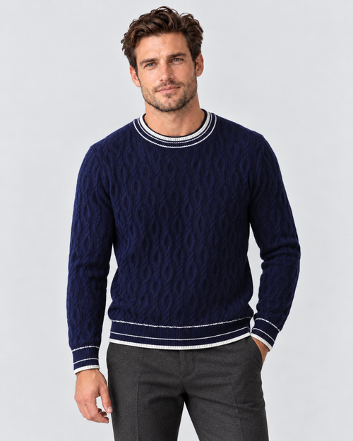 Avery & Mercer men's cashmere cable knit sweater, navy hero studio view