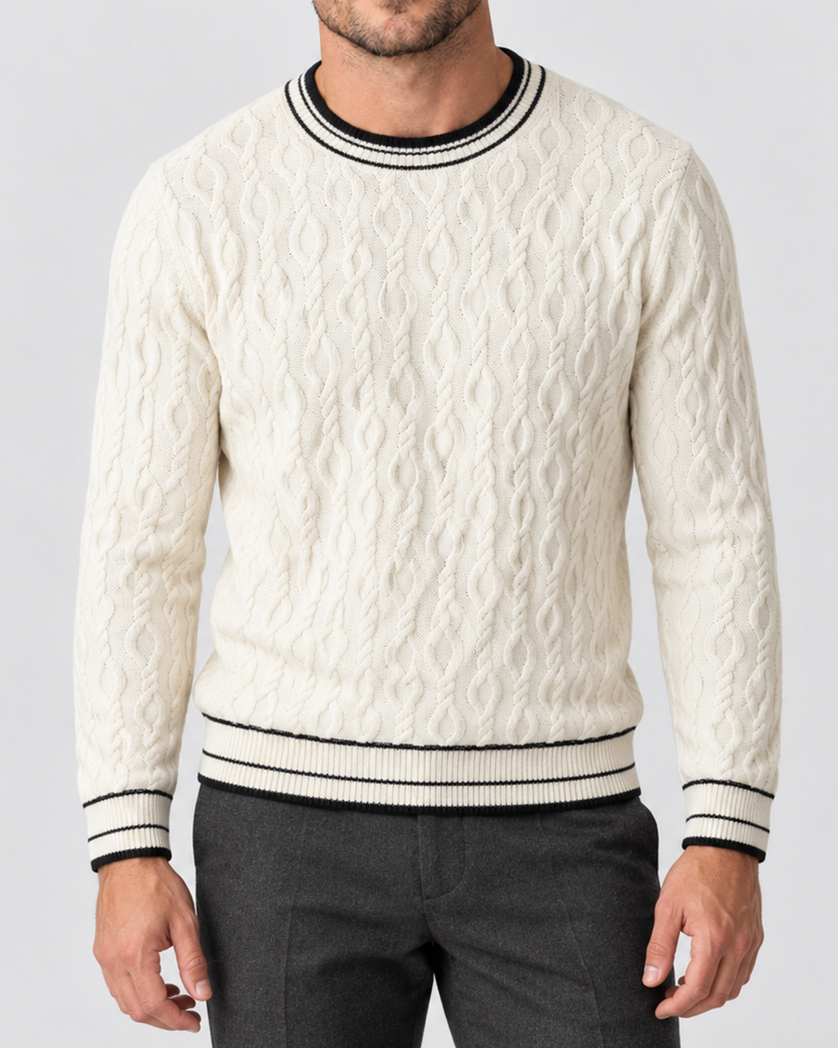 Avery & Mercer men's cashmere cable knit sweater, offwhite detail studio view