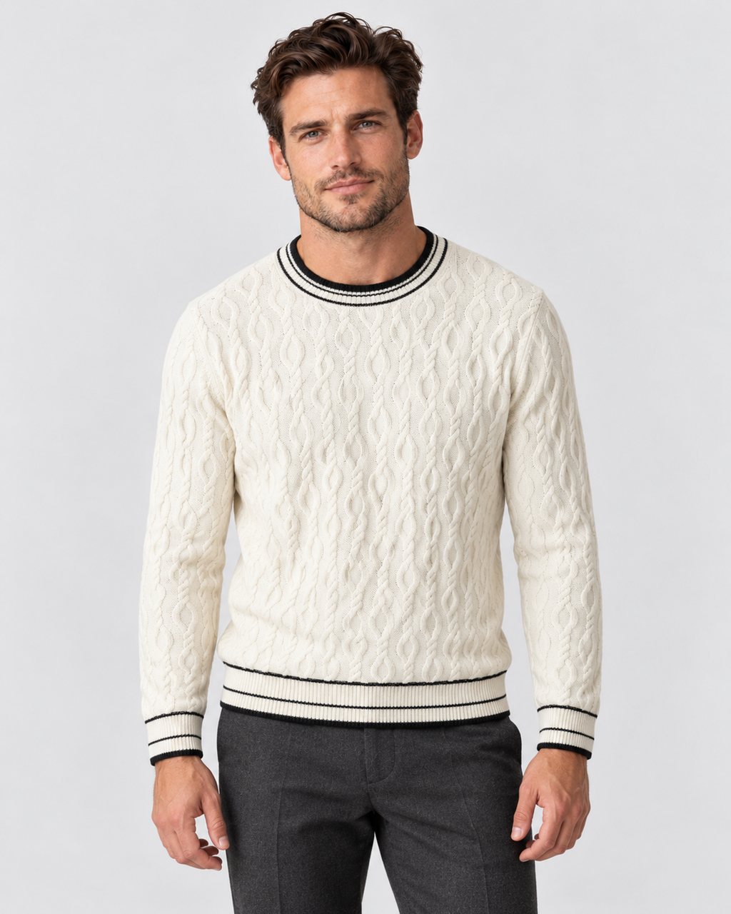 Avery & Mercer men's cashmere cable knit sweater, offwhite hero studio view