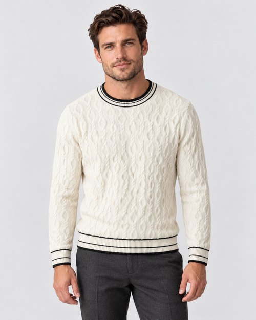 Avery & Mercer men's cashmere cable knit sweater, offwhite hero studio view