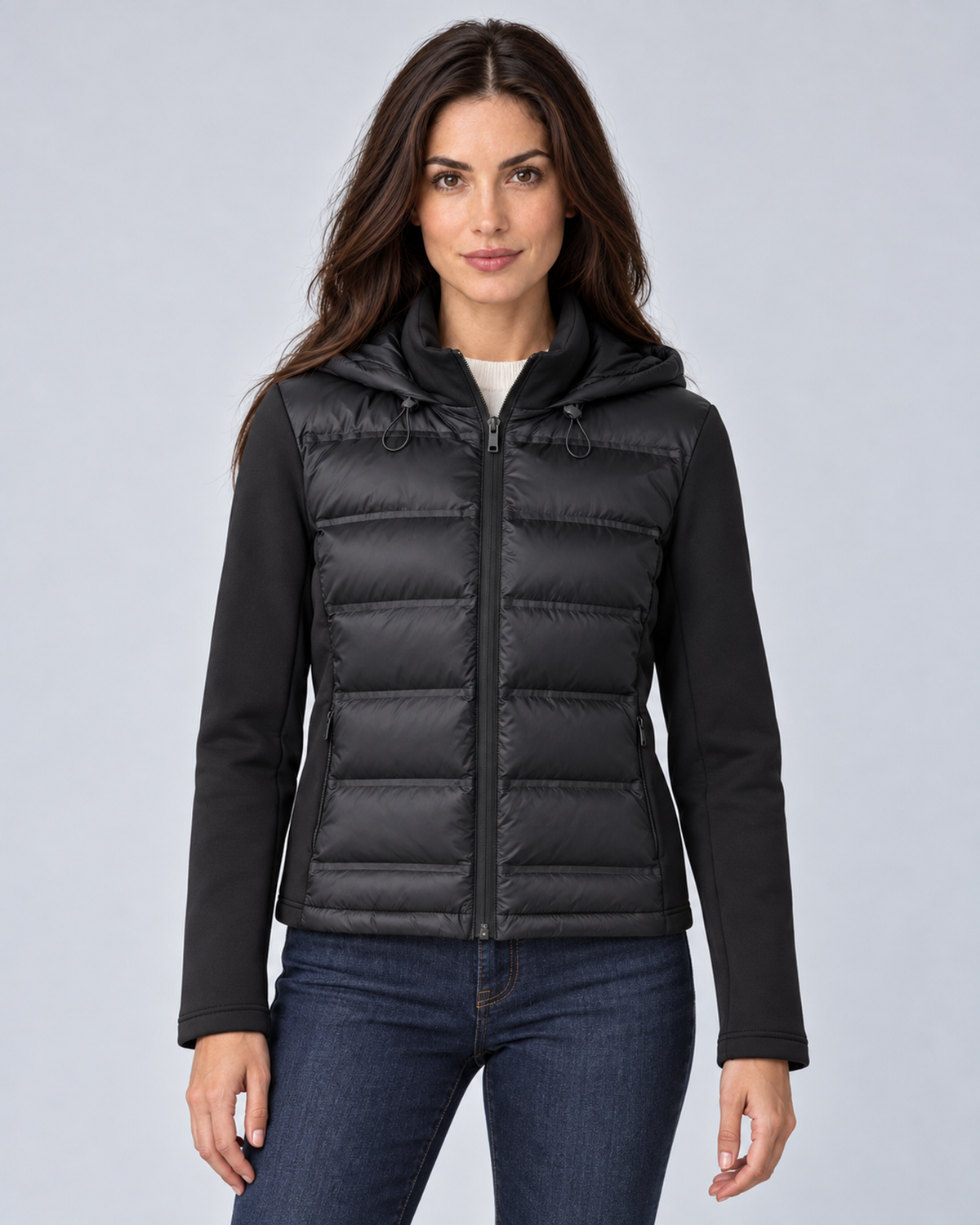 Black women's hooded puffer jacket, front hero, grey studio