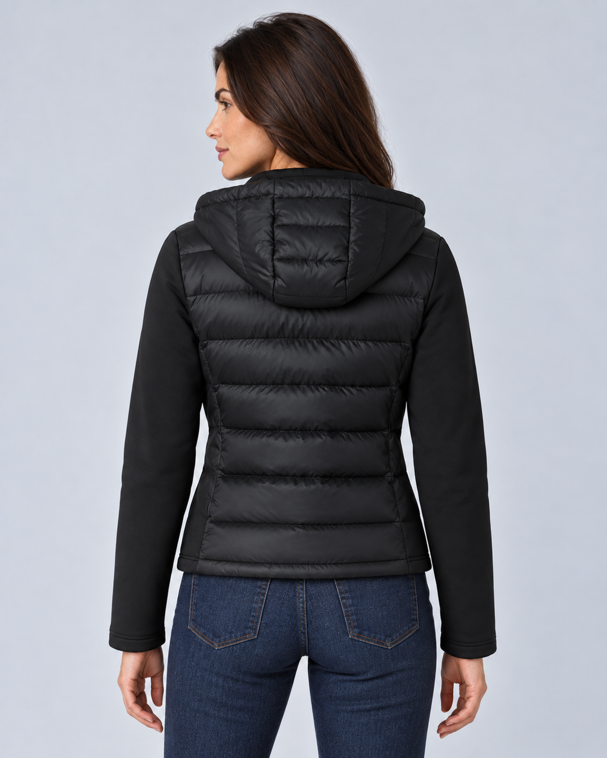 Black women's hooded puffer jacket, back, grey studio