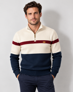 Men's quarter-zip pullover in Navy colour block, front studio view