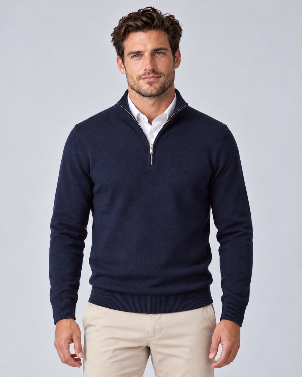Men's quarter-zip sweater, Blue, front hero, grey studio