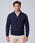 Men's quarter-zip sweater, Blue, front hero, grey studio