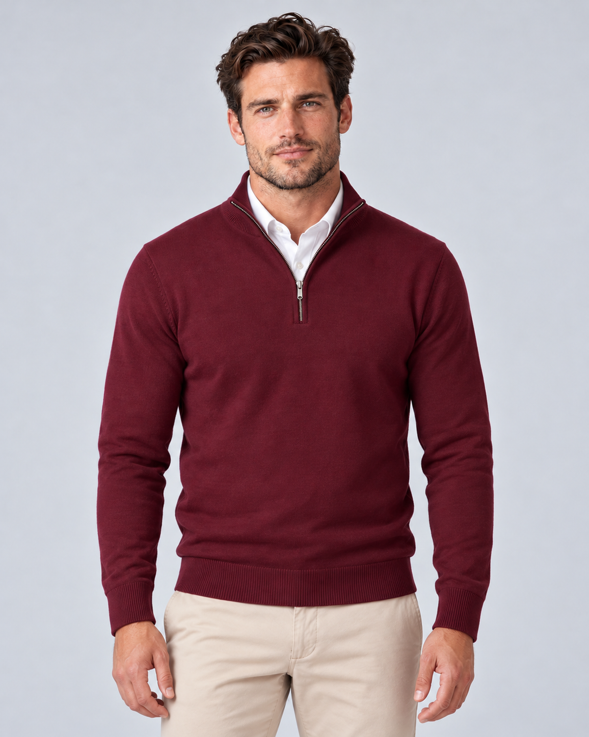 Men's quarter-zip sweater, Burdundy, front, grey studio