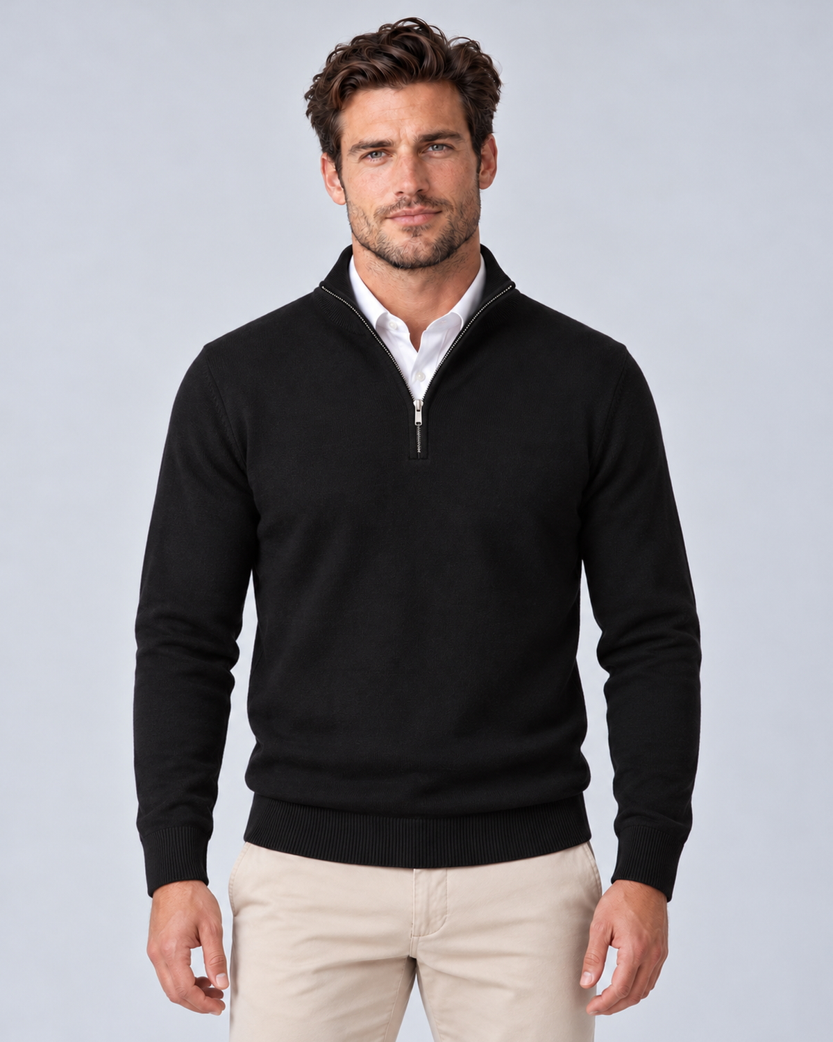Men's quarter-zip sweater, Black, front, grey studio