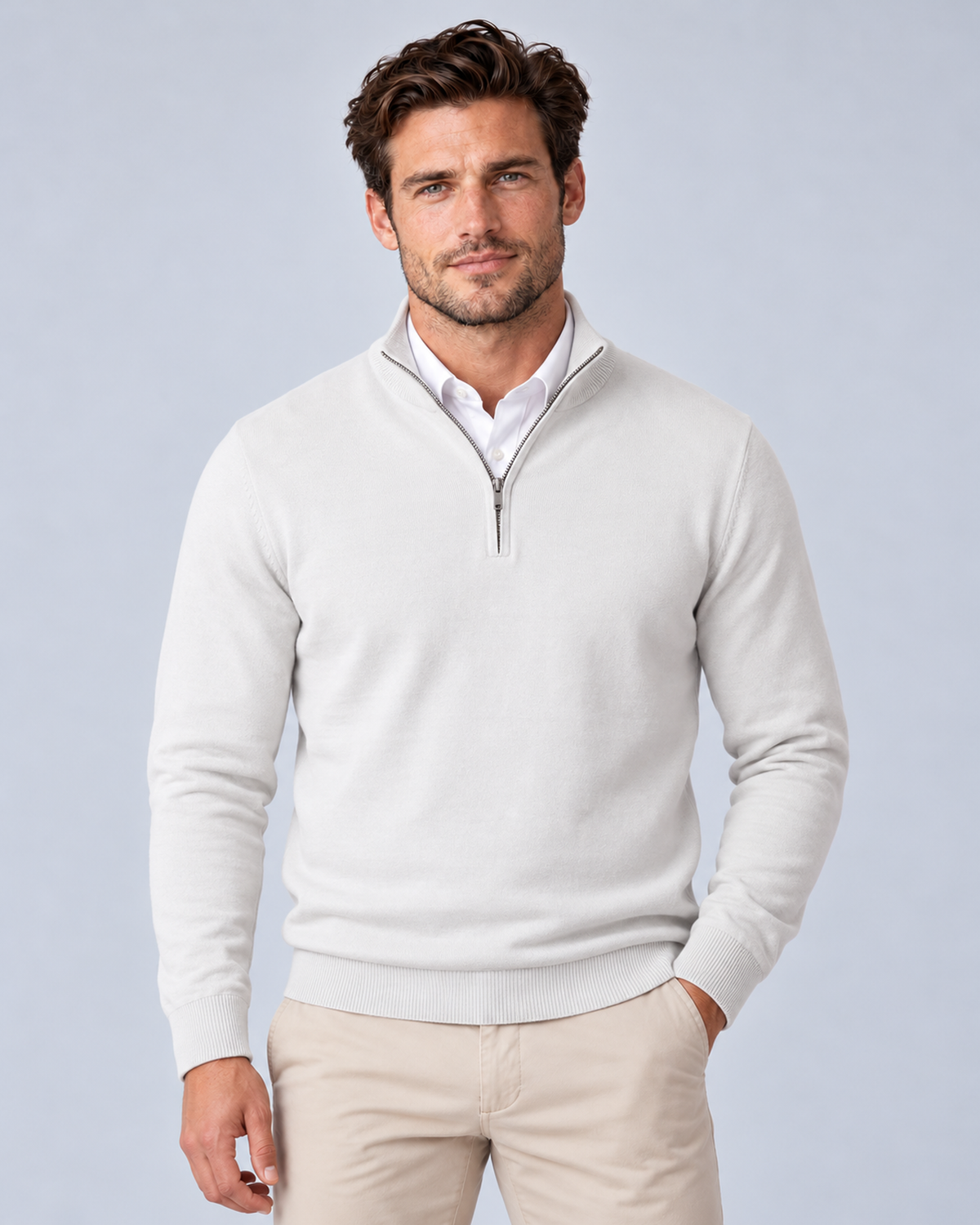 Men's quarter-zip sweater, White, front, grey studio