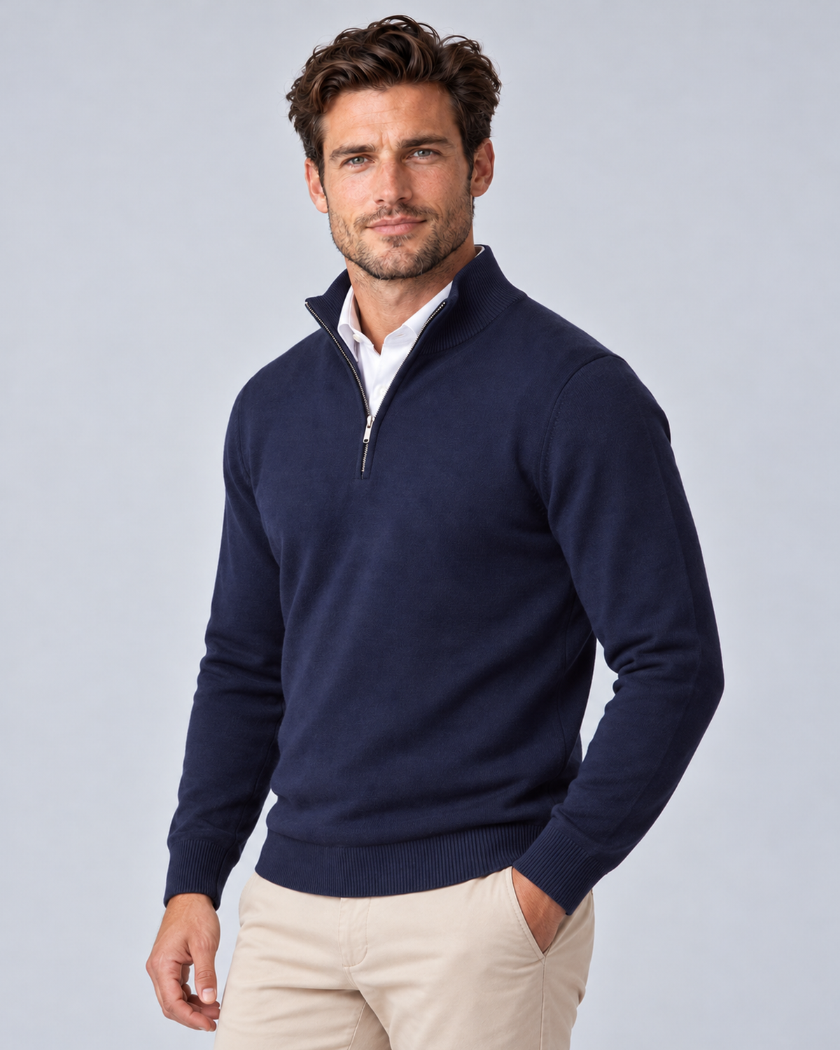 Men's quarter-zip sweater, Blue, three-quarter front, grey studio