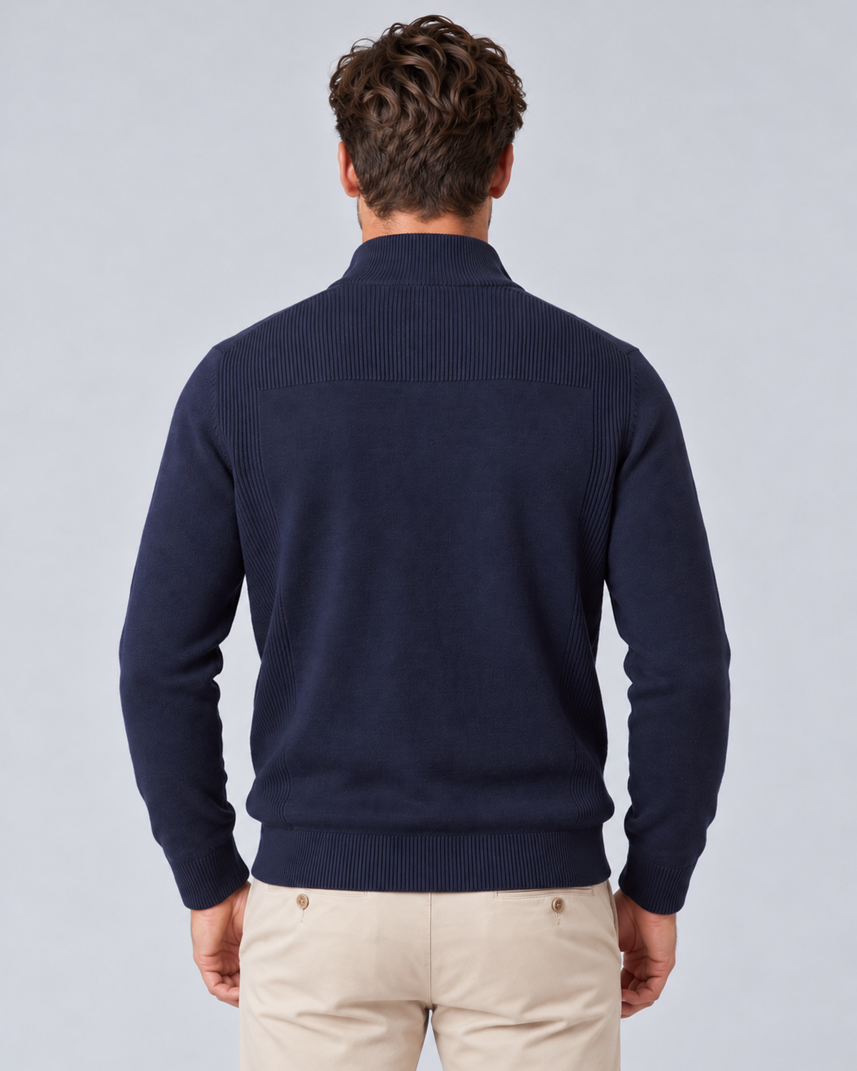 Men's quarter-zip sweater, Blue, rear, grey studio