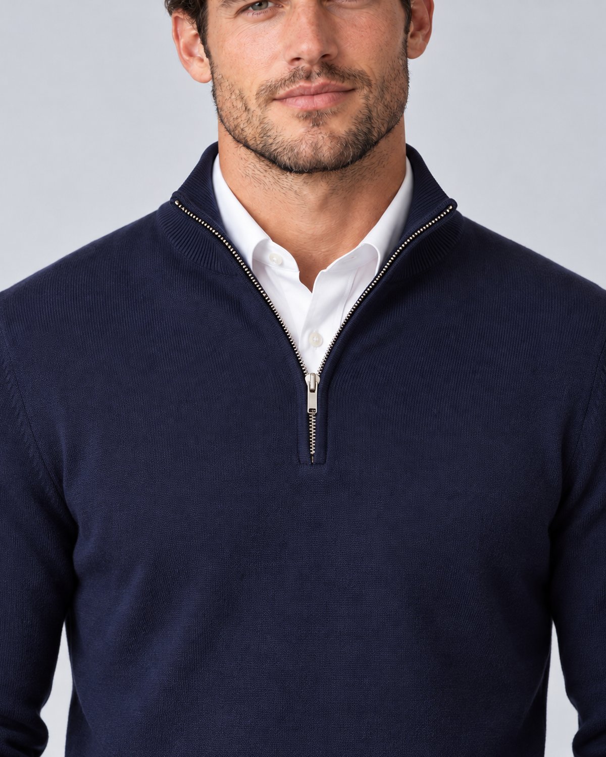 Men's quarter-zip sweater, Blue, dedicated collar/zip detail, grey studio