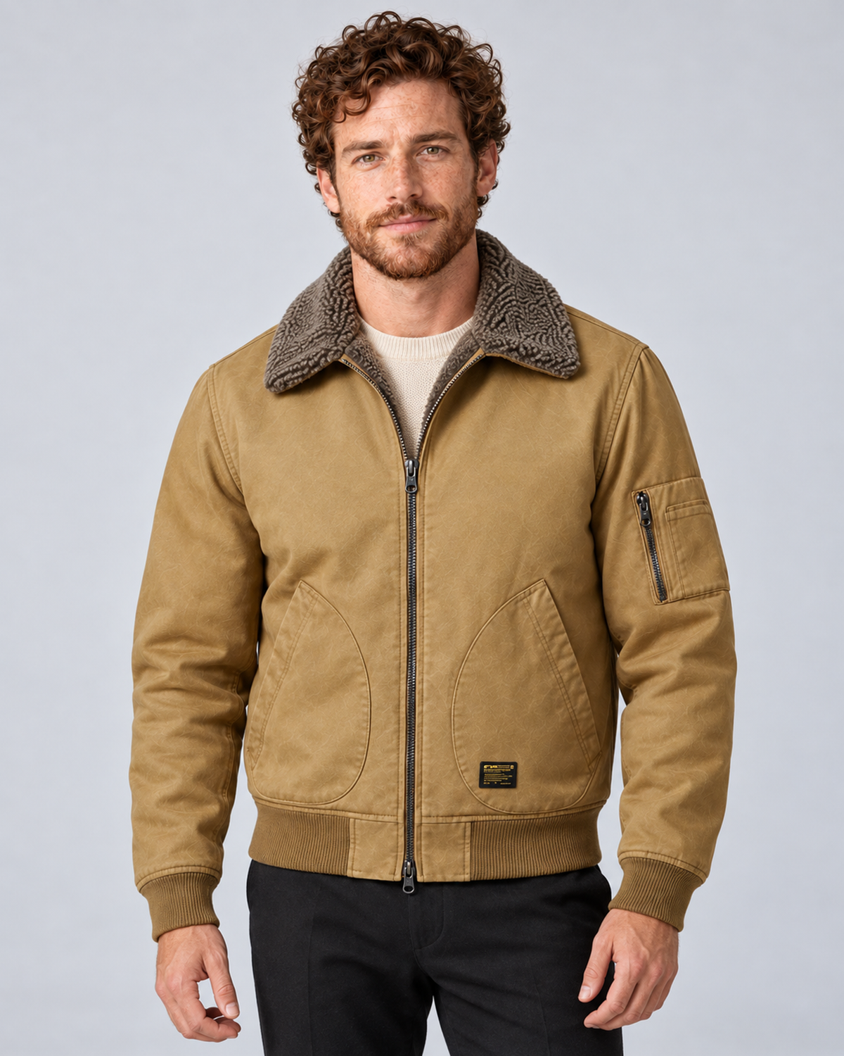 Men’s sherpa-lined zip jacket in khaki, front hero, photographed against a light grey studio background