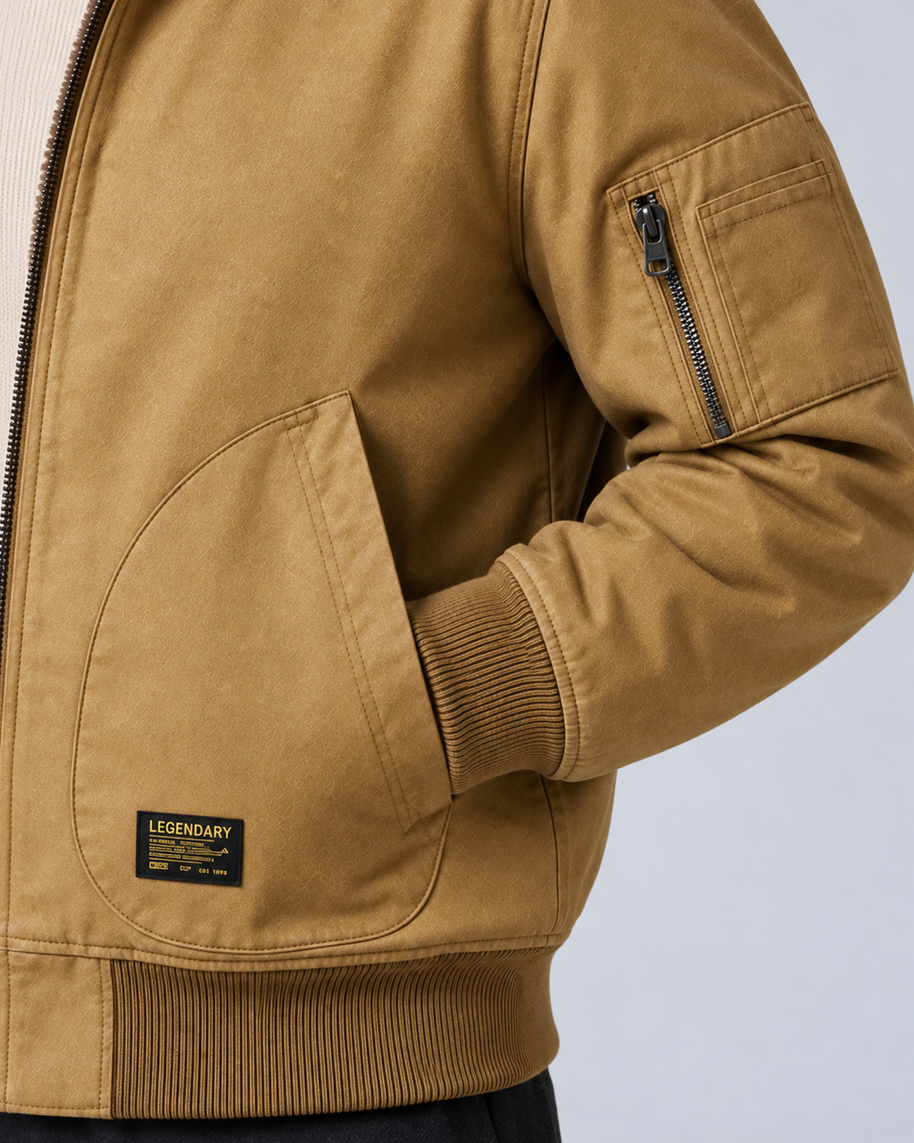 Men’s sherpa-lined zip jacket in khaki, sleeve pocket and cuff detail, photographed against a light grey studio background