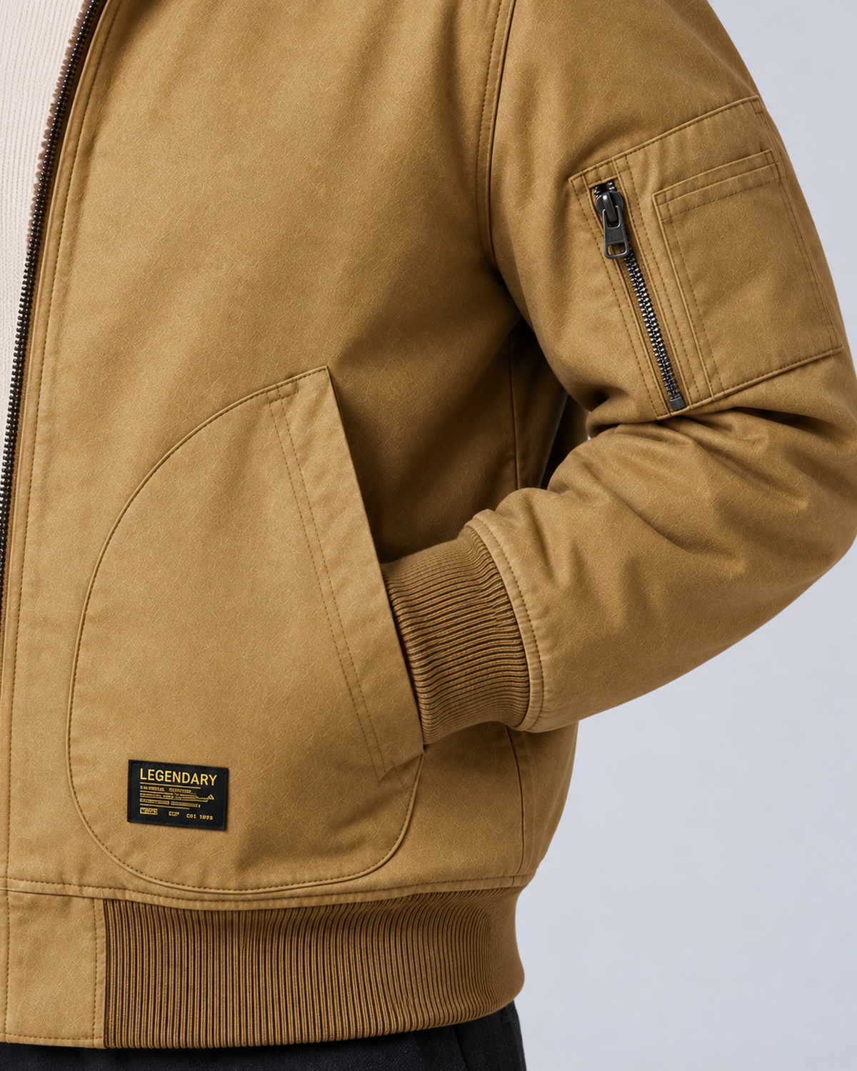 Men’s sherpa-lined zip jacket in khaki, sleeve pocket and cuff detail, photographed against a light grey studio background