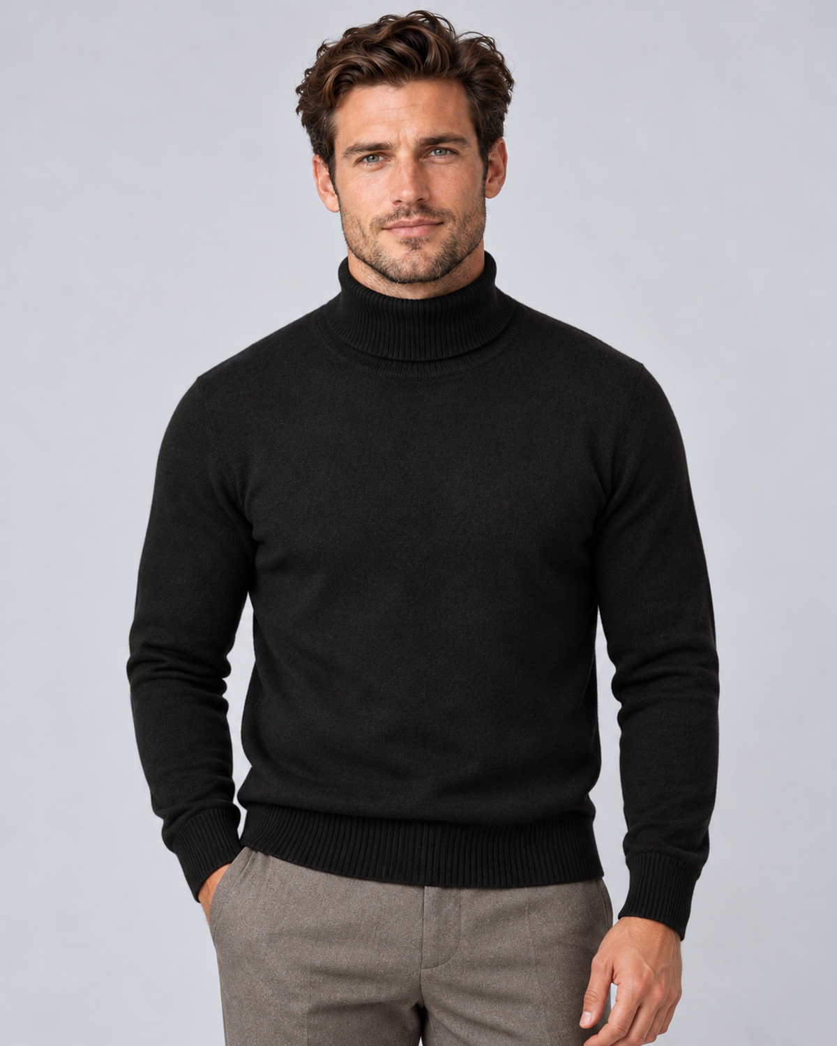 Men's fine-knit turtleneck sweater in black, front hero, on a male model in a light grey studio