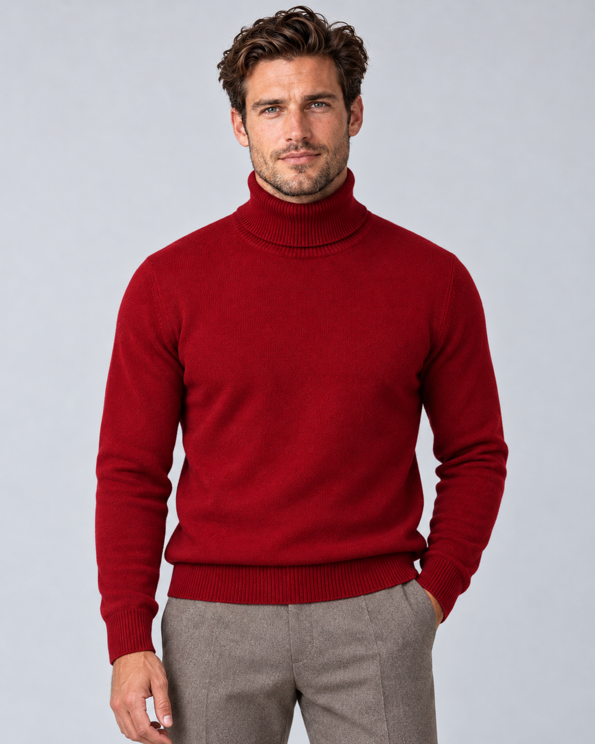 Men's fine-knit turtleneck sweater in red, front hero, on a male model in a light grey studio