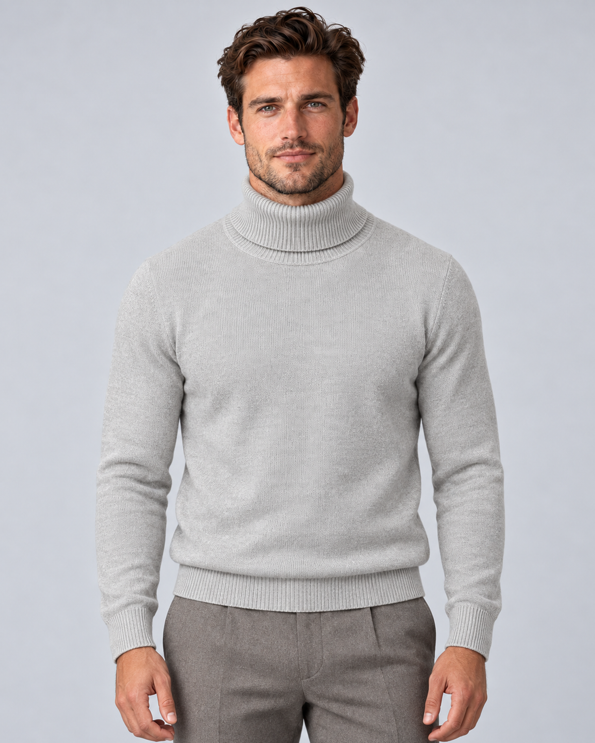 Men's fine-knit turtleneck sweater in grey, front hero, on a male model in a light grey studio