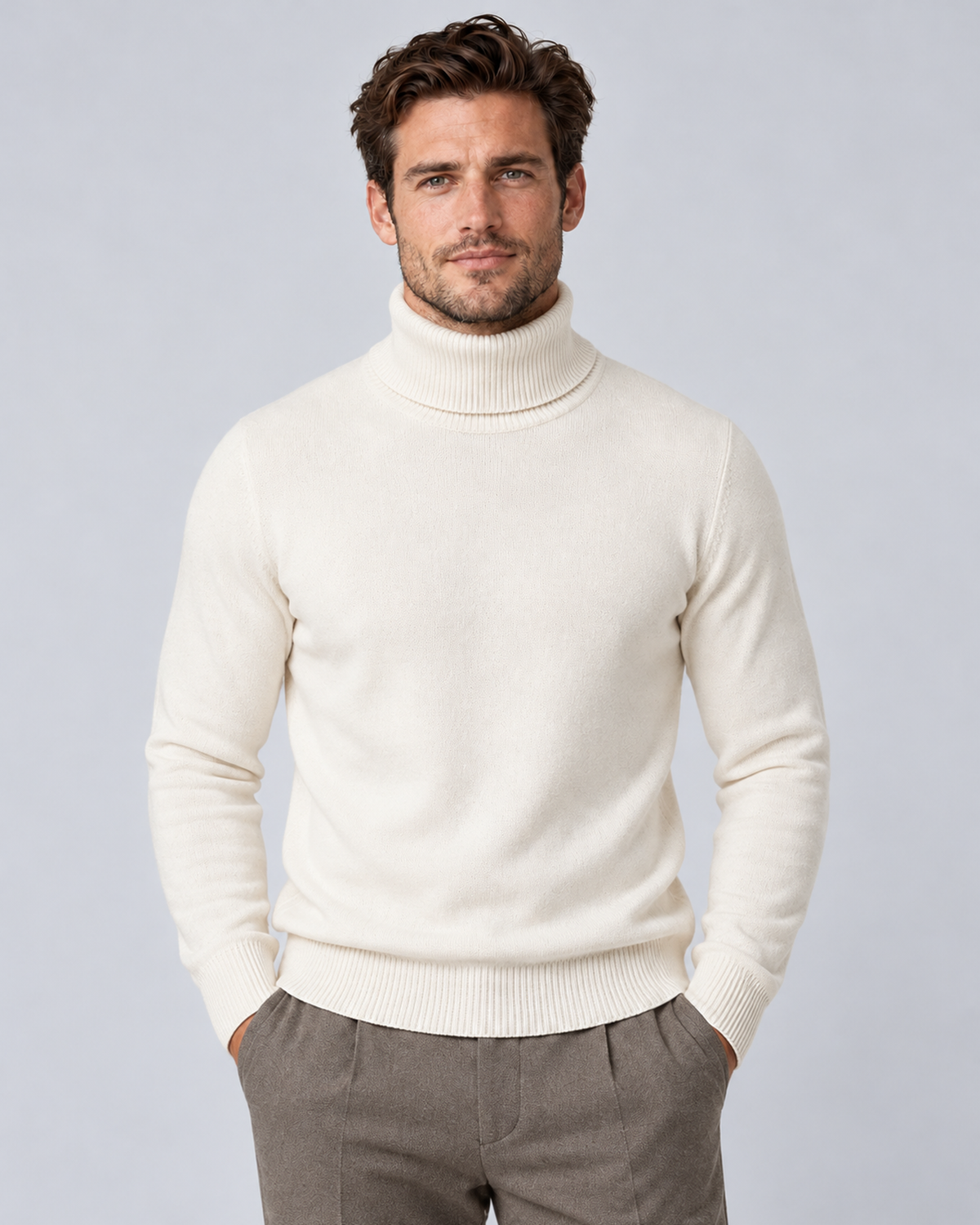 Men's fine-knit turtleneck sweater in white, front hero, on a male model in a light grey studio