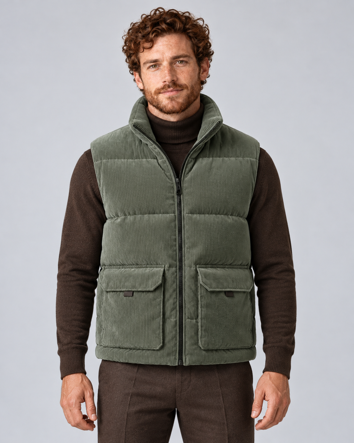 Men's corduroy puffer gilet in army green, front hero, on studio model