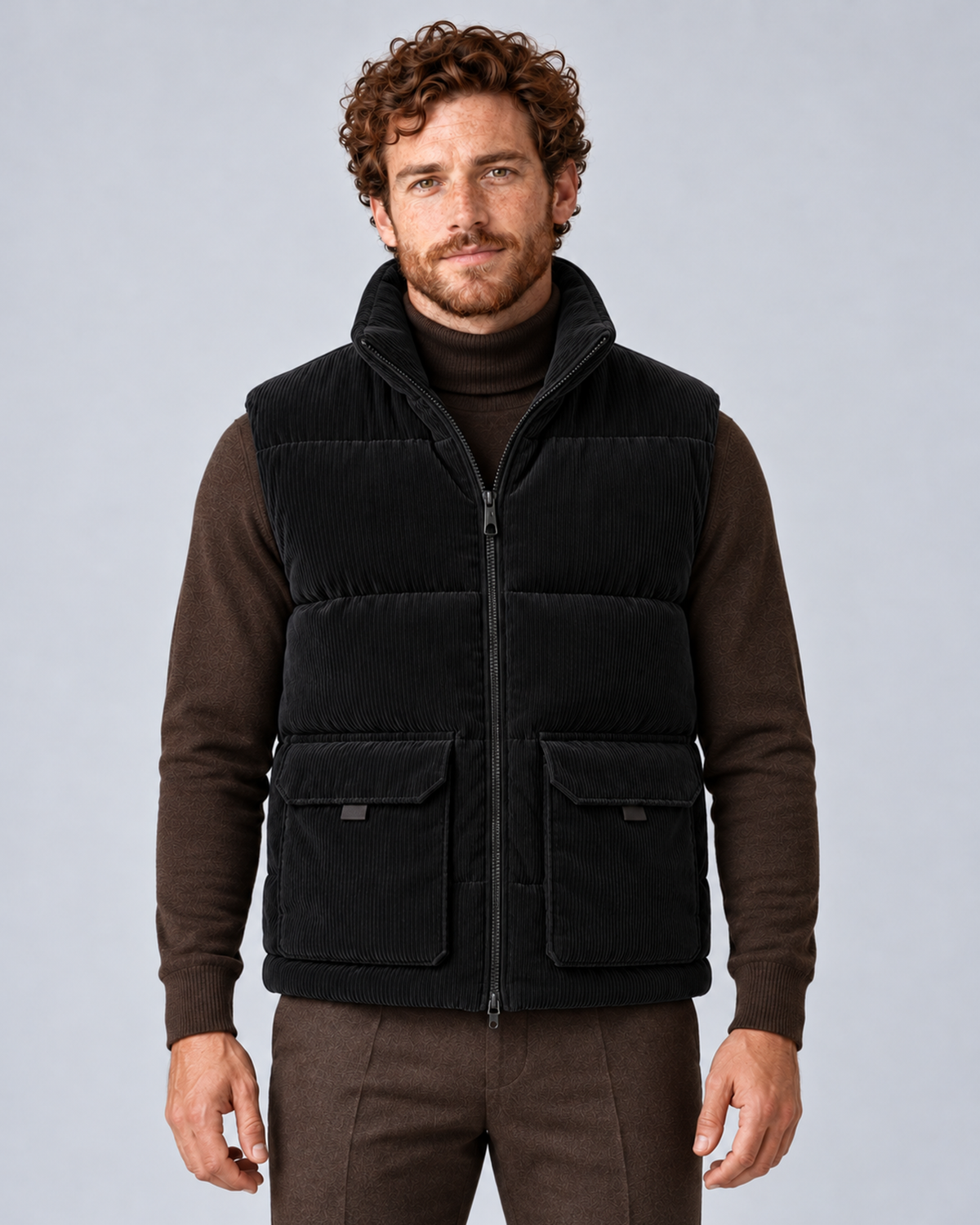 Men's corduroy puffer gilet in black, front hero, on studio model