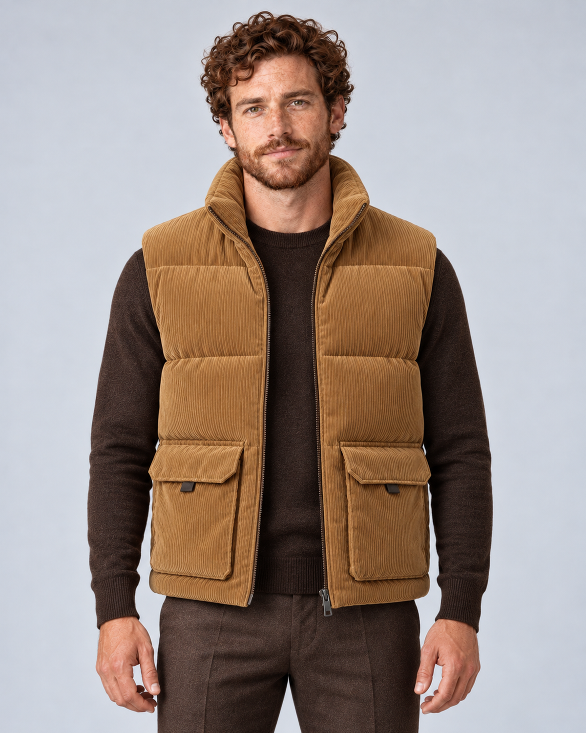 Men's corduroy puffer gilet in khaki, front hero, on studio model