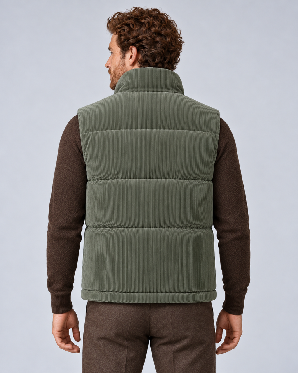 Men's corduroy puffer gilet in army green, rear view, on studio model
