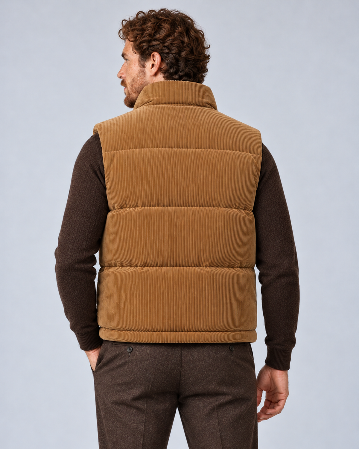 Men's corduroy puffer gilet in khaki, rear view, on studio model