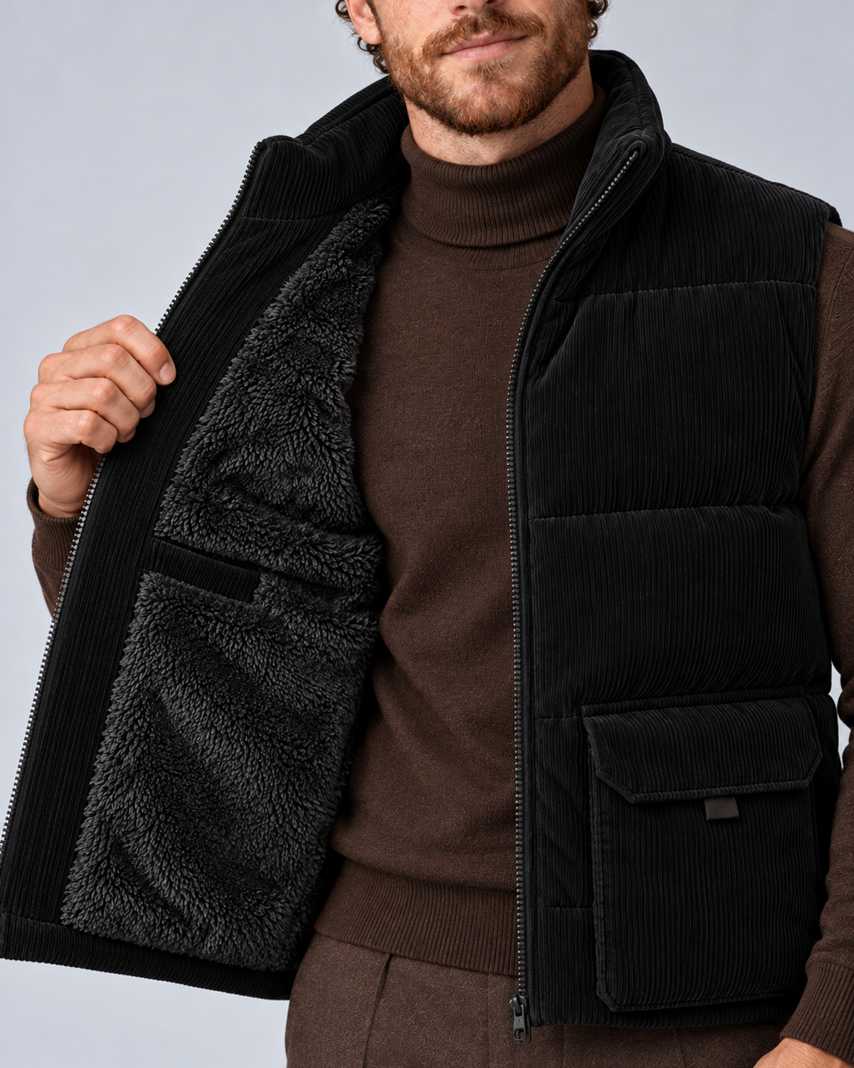 Men's corduroy puffer gilet in black, fleece lining detail, on studio model