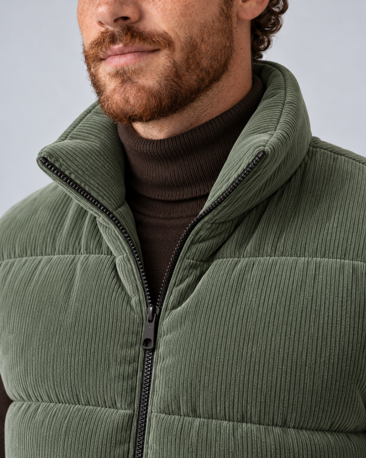 Men's corduroy puffer gilet in army green, collar and corduroy detail, on studio model
