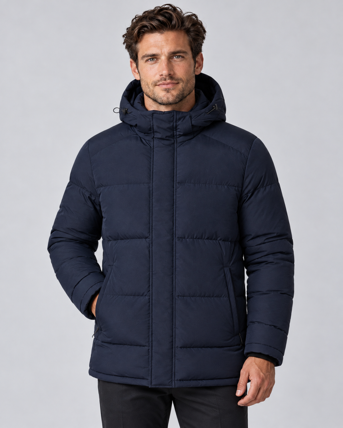 Men's hooded puffer jacket in navy, front hero, on approved studio model
