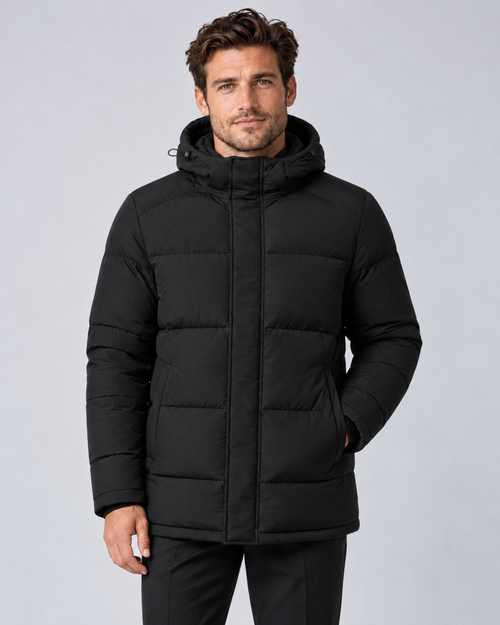 Men's hooded puffer jacket in black, front hero, on approved studio model