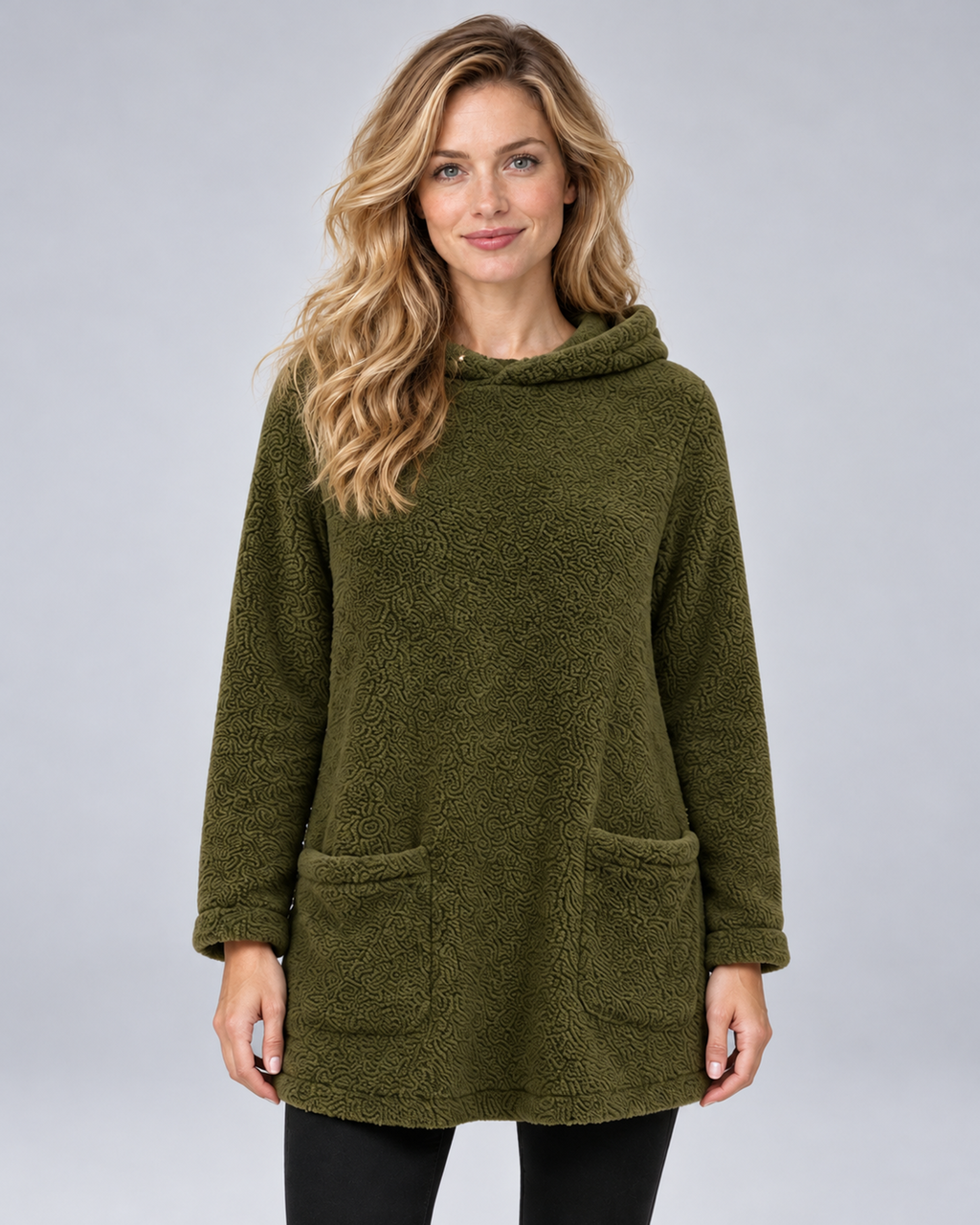 Women's plush hooded tunic in army green, front hero, photographed in a grey studio