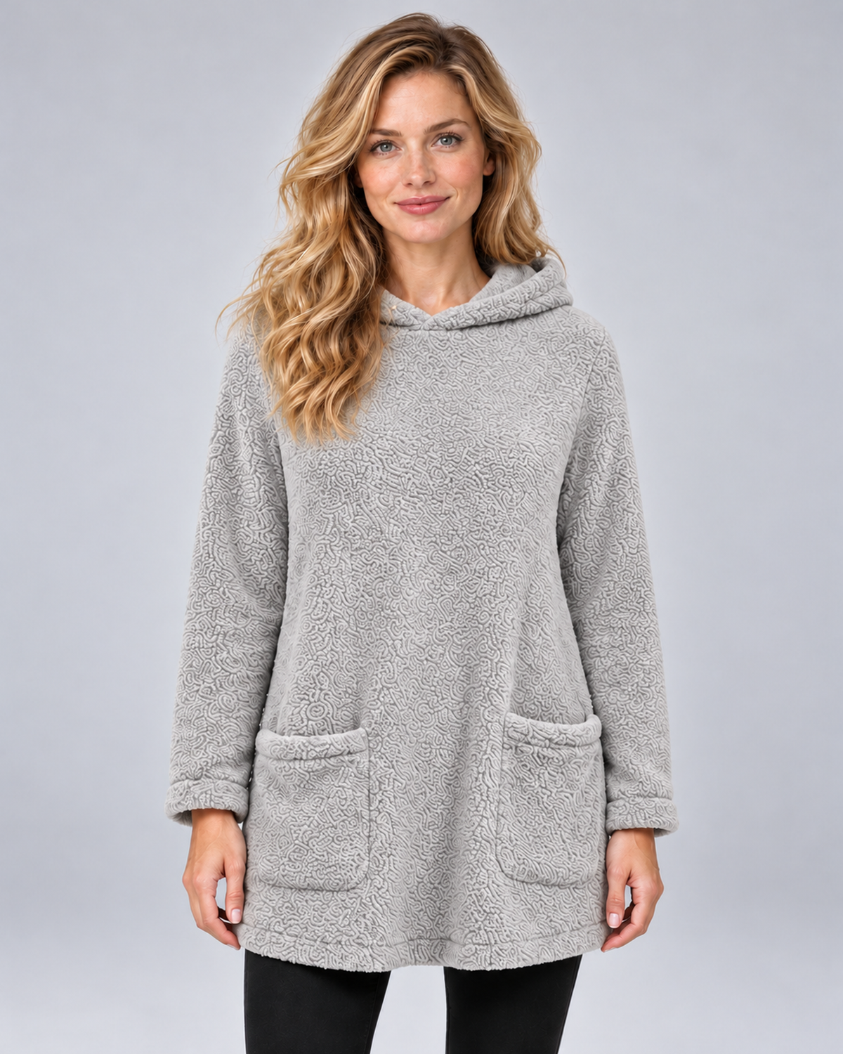 Women's plush hooded tunic in grey, front hero, photographed in a grey studio
