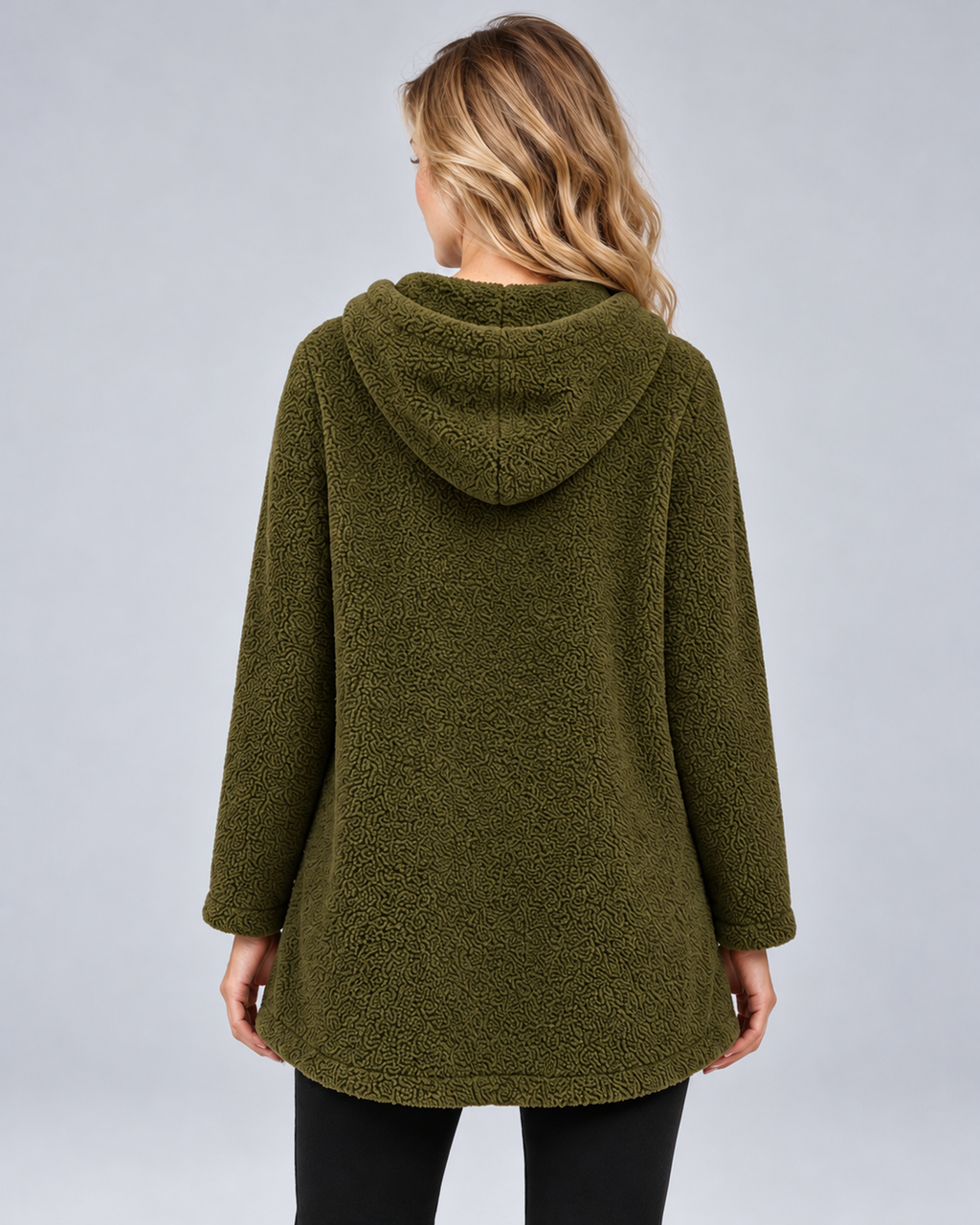 Women's plush hooded tunic in army green, rear view, photographed in a grey studio