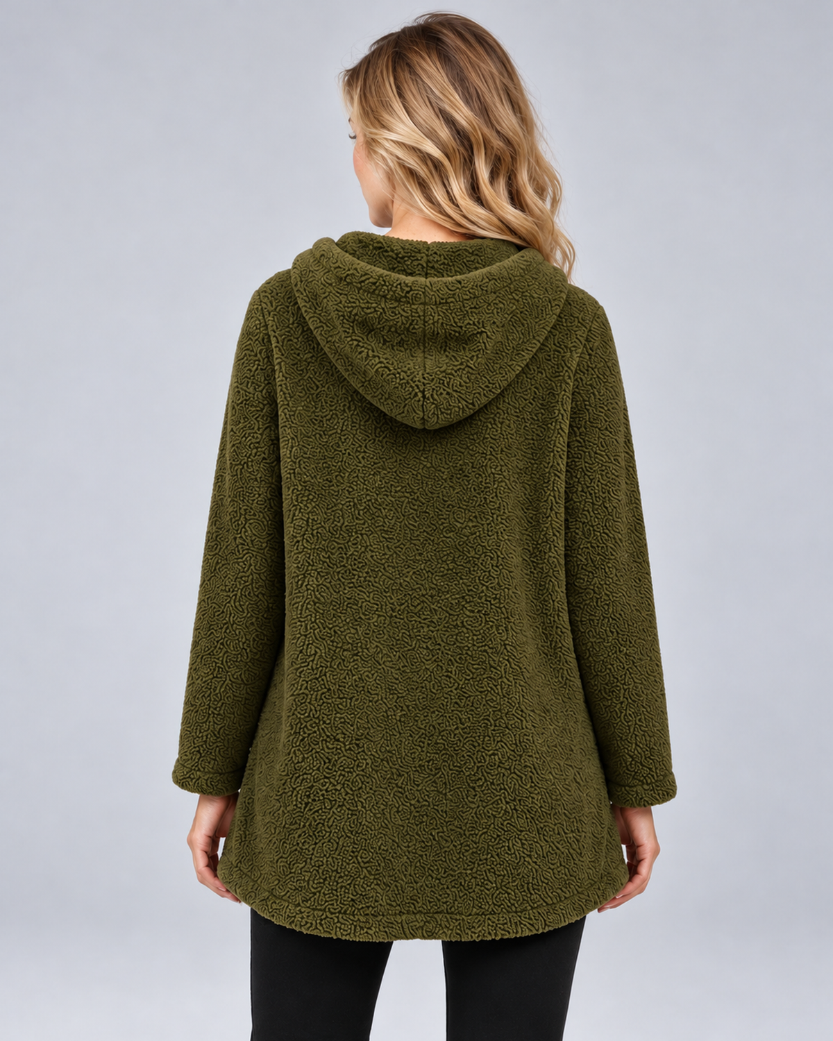 Women's plush hooded tunic in army green, rear view, photographed in a grey studio
