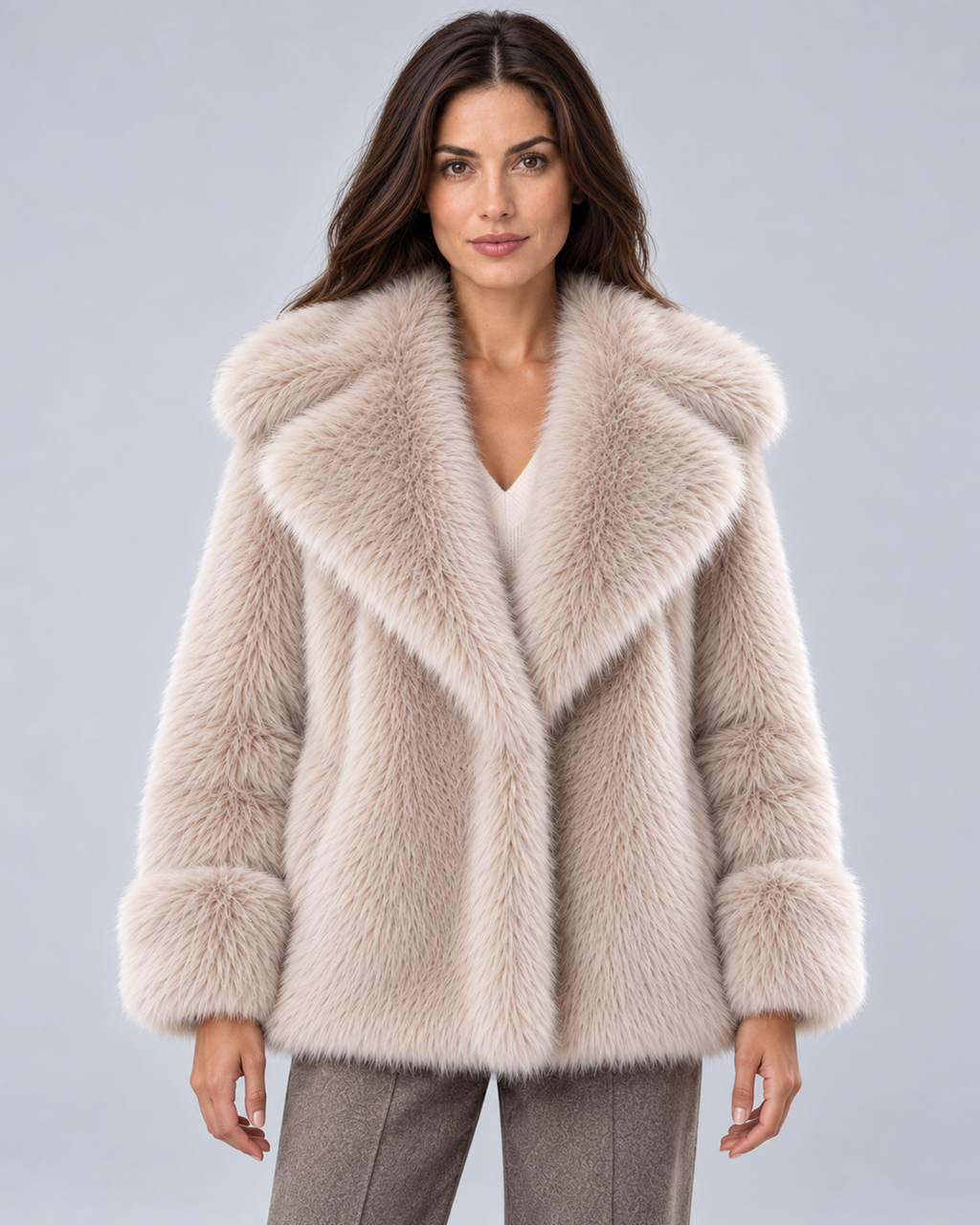 Women's short faux fur coat in khaki, front hero, photographed on a model in a grey studio