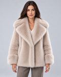 Women's short faux fur coat in khaki, front hero, photographed on a model in a grey studio