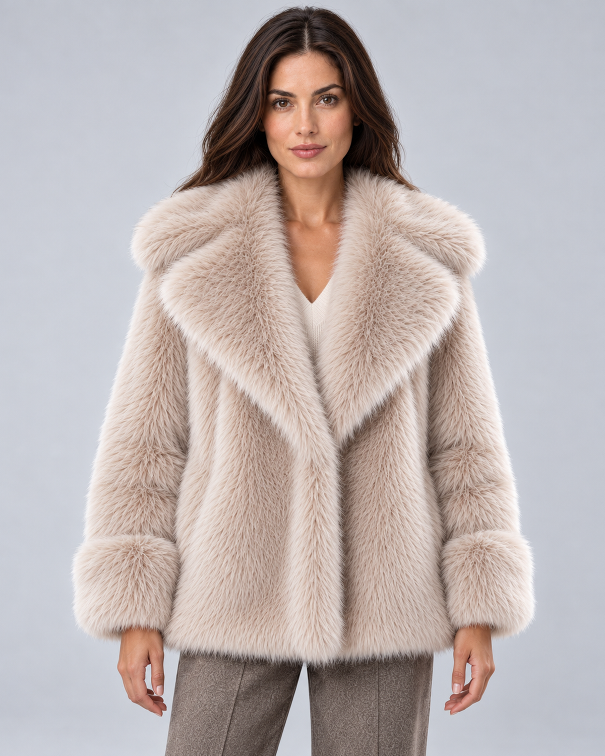 Women's short faux fur coat in khaki, front hero, photographed on a model in a grey studio