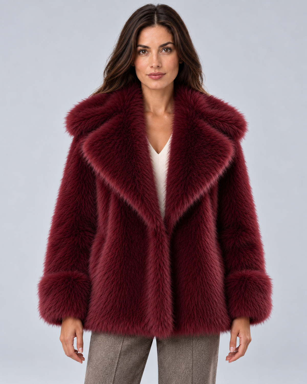 Women's short faux fur coat in burgundy, front hero, photographed on a model in a grey studio