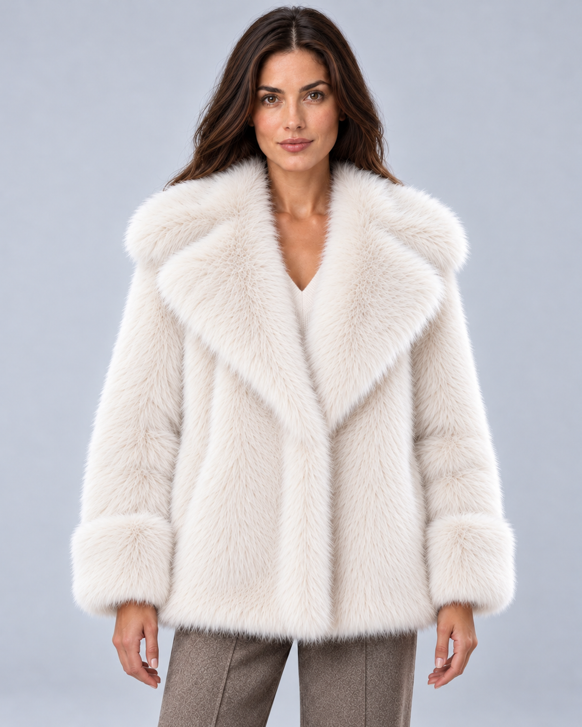 Women's short faux fur coat in white, front hero, photographed on a model in a grey studio