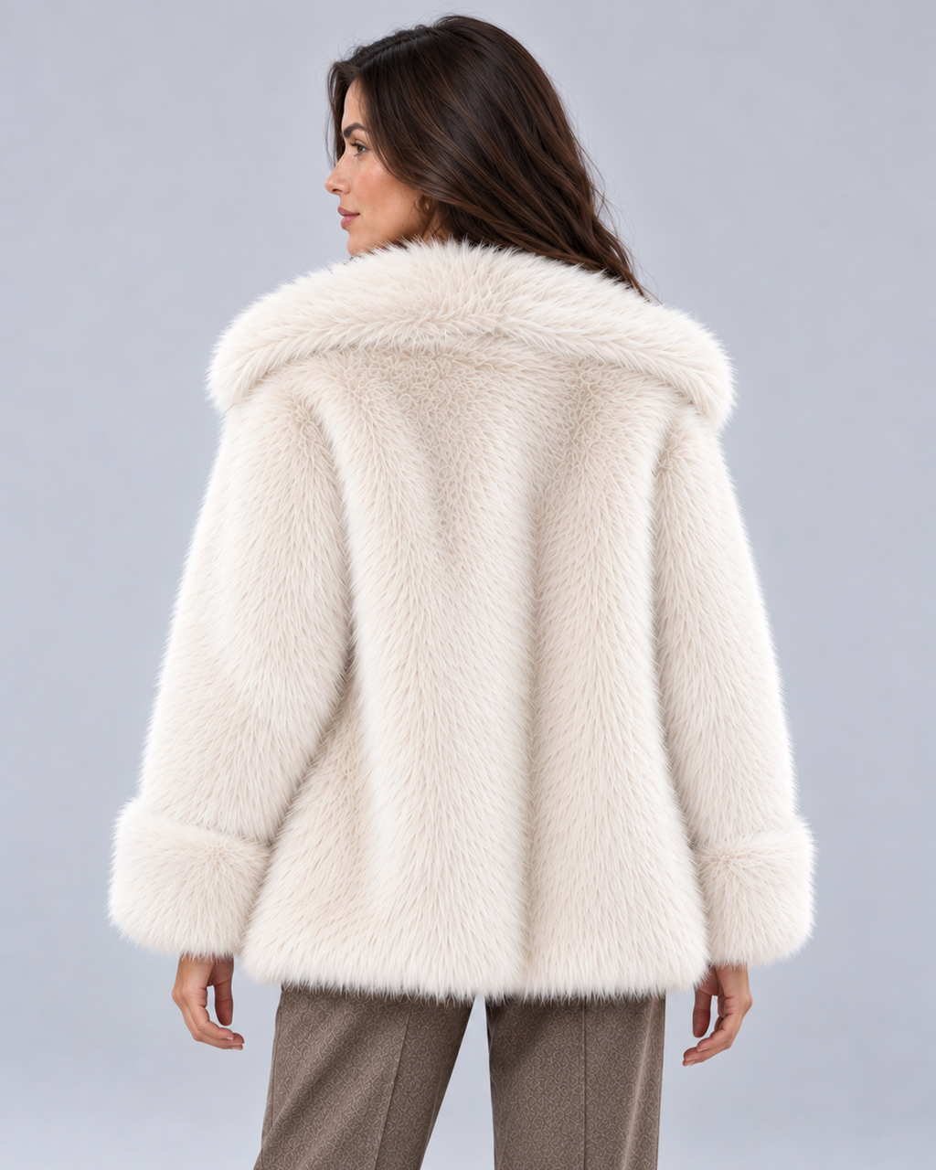Women's short faux fur coat in white, rear view, photographed on a model in a grey studio