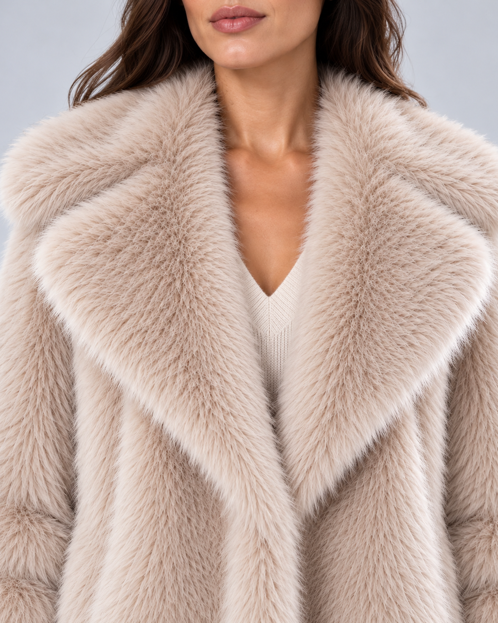 Women's short faux fur coat in khaki, collar and fur detail, photographed on a model in a grey studio