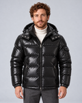 Men's glossy black puffer jacket with removable hood, front hero, on a light grey studio background