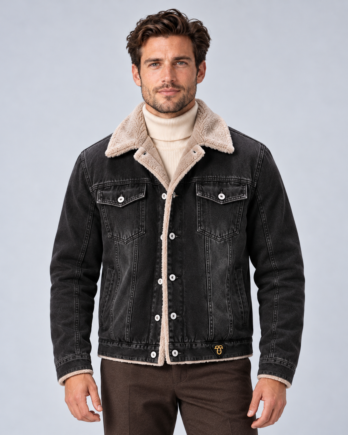 Men’s sherpa-lined denim trucker jacket in black, front hero, on studio model